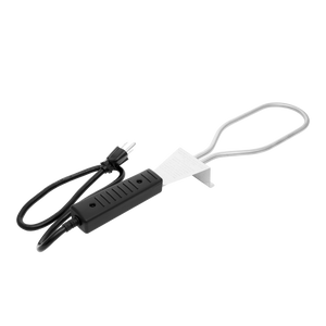 Black power adapter with white USB connector and wrist strap.
