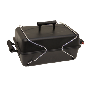 Black portable charcoal grill with folding handles and lid.