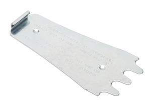 Metal grill cleaning tool with a flat handle and notched edge for scraping. Silver finish, easy grip, ADA-friendly design.
