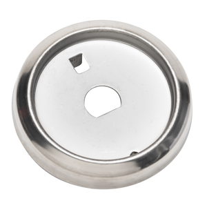 Round stainless steel escutcheon plate with central and side holes, smooth finish, used for covering lock hardware.