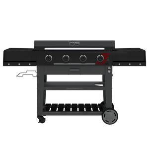 Black Char-Broil electric grill with four burners and side shelves.