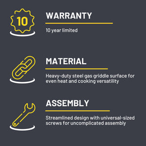 Heavy-duty steel gas griddle with 10-year warranty and streamlined assembly.