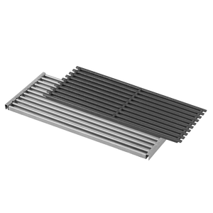 Stainless steel grill grate with parallel bars and side supports.