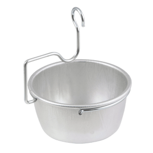 Silver metal pot with hanging hook and side handle.