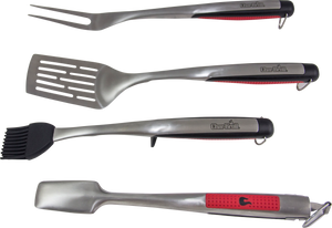 Set of Char-Broil stainless steel barbecue tools with red accents.