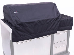 Navy blue Char-Broil grill cover on white storage unit.