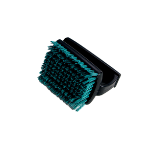 Teal-bristled black-handled cleaning brush with curved design.