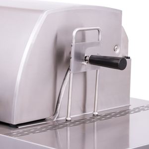 Silver meat slicer with black handle and adjustable stand.