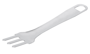 Stainless steel fork with three flat prongs and a hole in the handle for hanging. Simple, durable design.