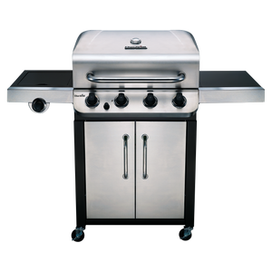 Char-Broil stainless steel 4-burner gas grill with side burner, cabinet storage, and side shelves.