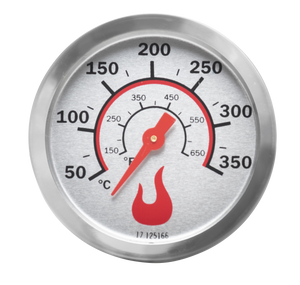 Round metal grill thermometer with bold numbers, red flame icon, and clear temperature markings in Celsius and Fahrenheit.