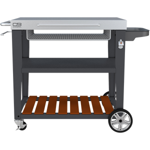 Gray Char-Broil electric grill cart with wheels and storage shelves.