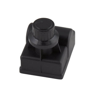 Black plastic rotary dimmer switch with textured knob, mounted on a rectangular base. Suitable for lighting control.