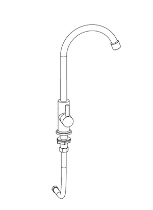 Gooseneck faucet with single lever handle, mounted base and curved spout. Simple line drawing, clear details.