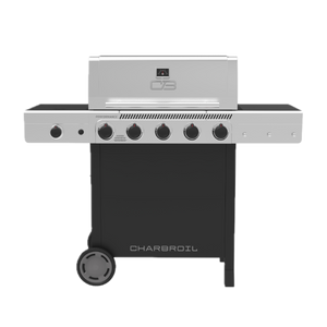 Silver Char-Broil Performance Series gas grill with five control knobs and side shelves.