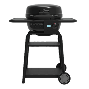 Black Char-Broil gas grill with side shelves, control knob, two wheels, and lower storage shelf. Compact and portable design.