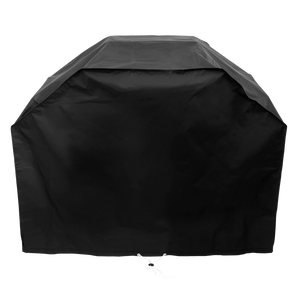 Black outdoor grill cover with drawstring closure.