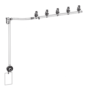 Wall-mounted cable system with 5 adjustable clips and a hanging reel for displaying cards or notes.