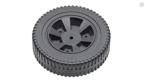 Black plastic toy wheel with deep tread and six spokes, designed for model vehicles or robotics projects.
