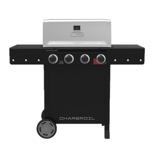 Black Char-Broil Performance Series gas grill with four control knobs and wheels.