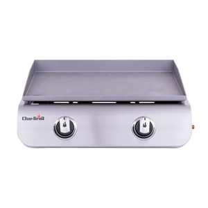 Silver Char-Broil gas grill with two control knobs.