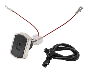 Black and silver grill ignition switch with flame icon, attached wires, and a braided cable.