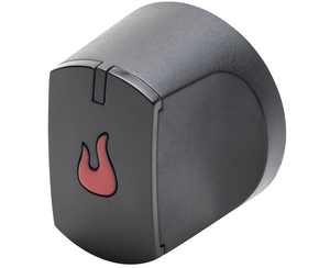 Black grill igniter button with a red flame icon, rounded shape, textured sides, easy to press for ignition.