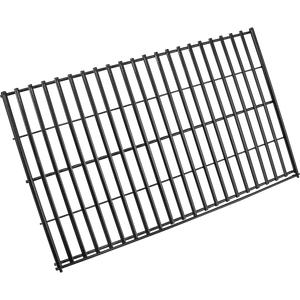 Black metal grill grate with evenly spaced bars.