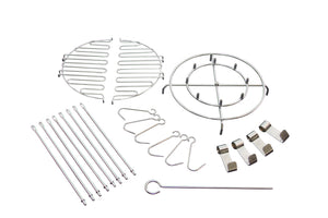 Stainless steel barbecue grill accessories set including grates, skewers, hooks, and clips.