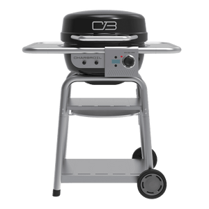 Compact black and silver gas grill with side shelves, control knob, storage rack, and wheels for easy mobility.