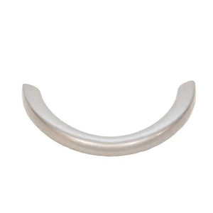 Curved stainless steel drawer pull with smooth finish, ergonomic design, and rounded ends for easy grip.