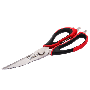 Red and black Char-Broil kitchen shears with serrated blades.