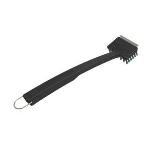 Black grill cleaning brush with metal bristles, scraper edge, and hanging loop. Ideal for BBQ maintenance.