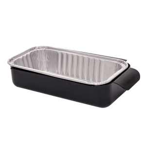 Black rectangular baking dish with silver aluminum insert.