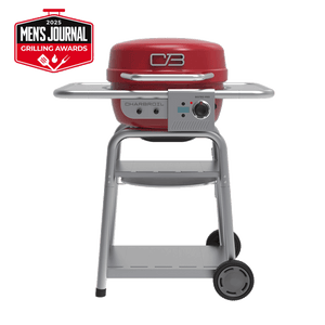 Red Char-Broil Bistro Pro electric grill with charcoal mode.