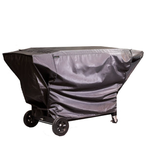 Charcoal grill cover in black and gray, waterproof material, on wheeled cart.