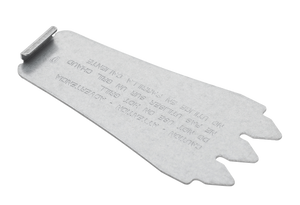 Flat metal grill scraper with three notched edges and embossed safety instructions. Silver finish, easy-grip design.