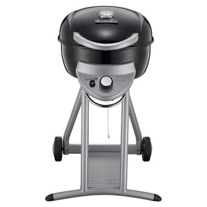 Front view of a Char-Broil electric grill with a black lid, control knob, and two wheels for easy mobility.