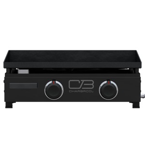 Black Char-Broil flat-top grill with dual control knobs.