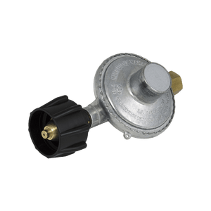 Silver King-Seeley propane regulator with black connector and gold valve.