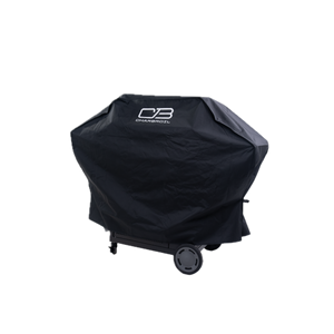 Black Char-Broil grill cover with wheels, protecting outdoor cooking appliance.