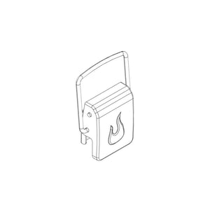 Portable fire extinguisher with curved handle and flame symbol.