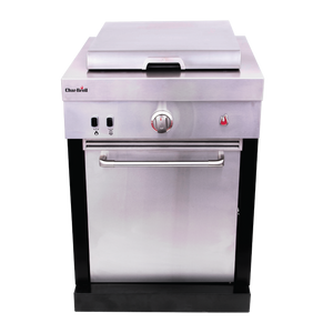 Char-Broil stainless steel gas griddle with lid, control knob, and front handle, ideal for outdoor cooking.