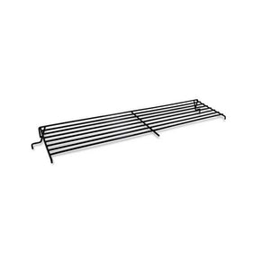 Black metal grill rack with horizontal bars and raised edges, designed for cooking or cooling food.