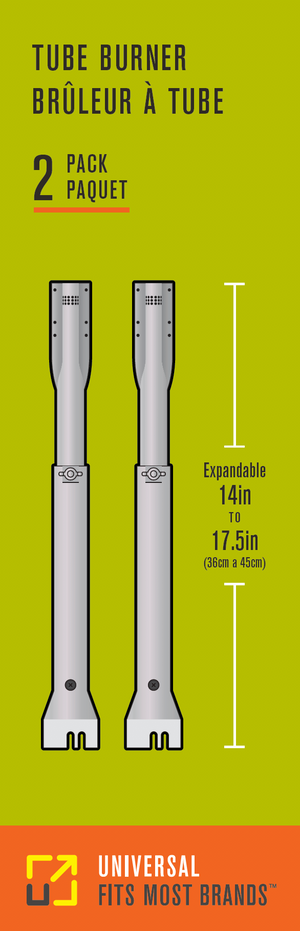 Silver tube burner, expandable 14-17.5 inches, 2-pack, universal fit.