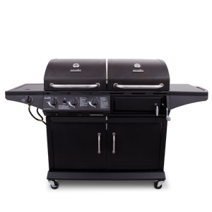 Black Char-Broil gas grill with side shelves and storage cabinets.