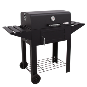 Black Char-Broil charcoal grill with side shelves, temperature gauge, and wheeled legs for easy mobility.