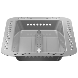 Silver rectangular grill basket with perforated sides and central divider.