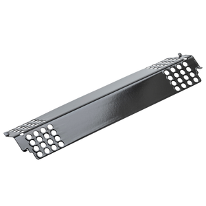 Black metal heat plate with perforated ends, designed for even heat distribution in grills. Durable and easy to clean.