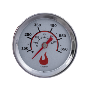 Silver oven thermometer with red flame design, measuring temperature in °F and °C.